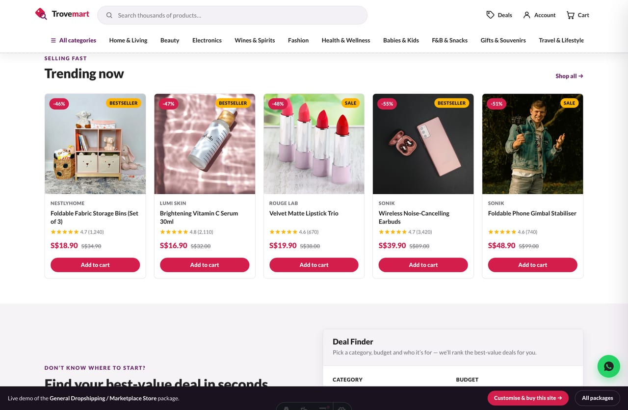 Shop-by-brand rail on the Trovemart general dropshipping marketplace
