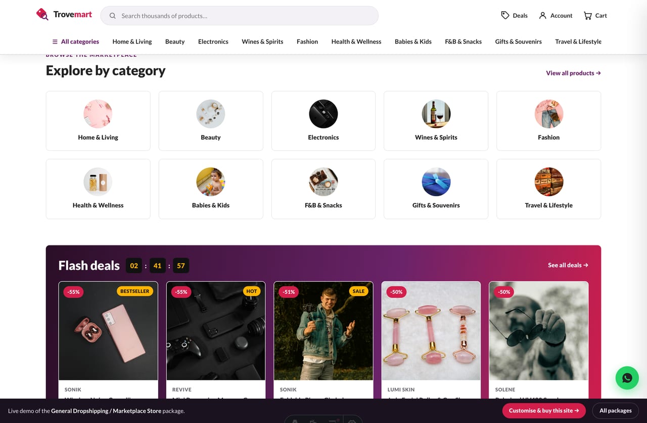 Explore-by-category tile grid on the Trovemart Singapore marketplace store