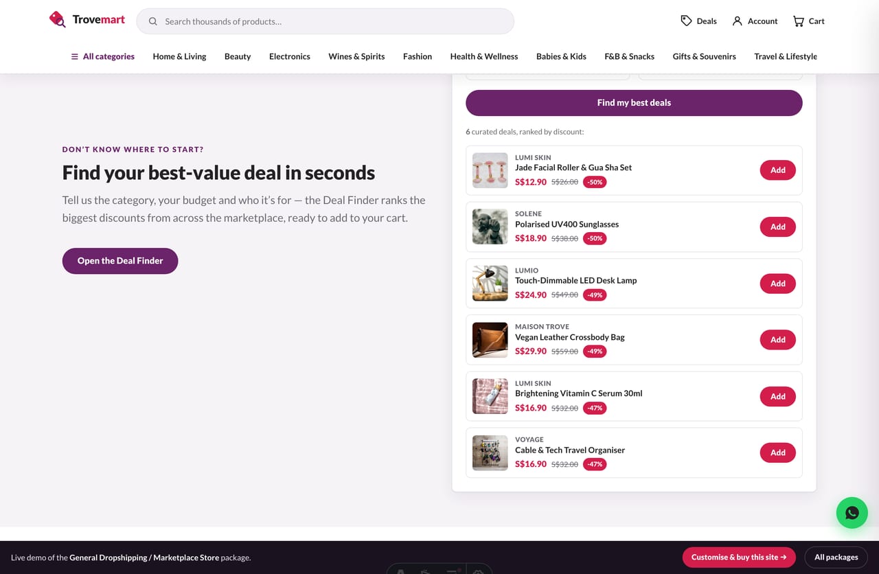 Deal Finder tool — pick category, budget and occasion to get ranked best-value deals