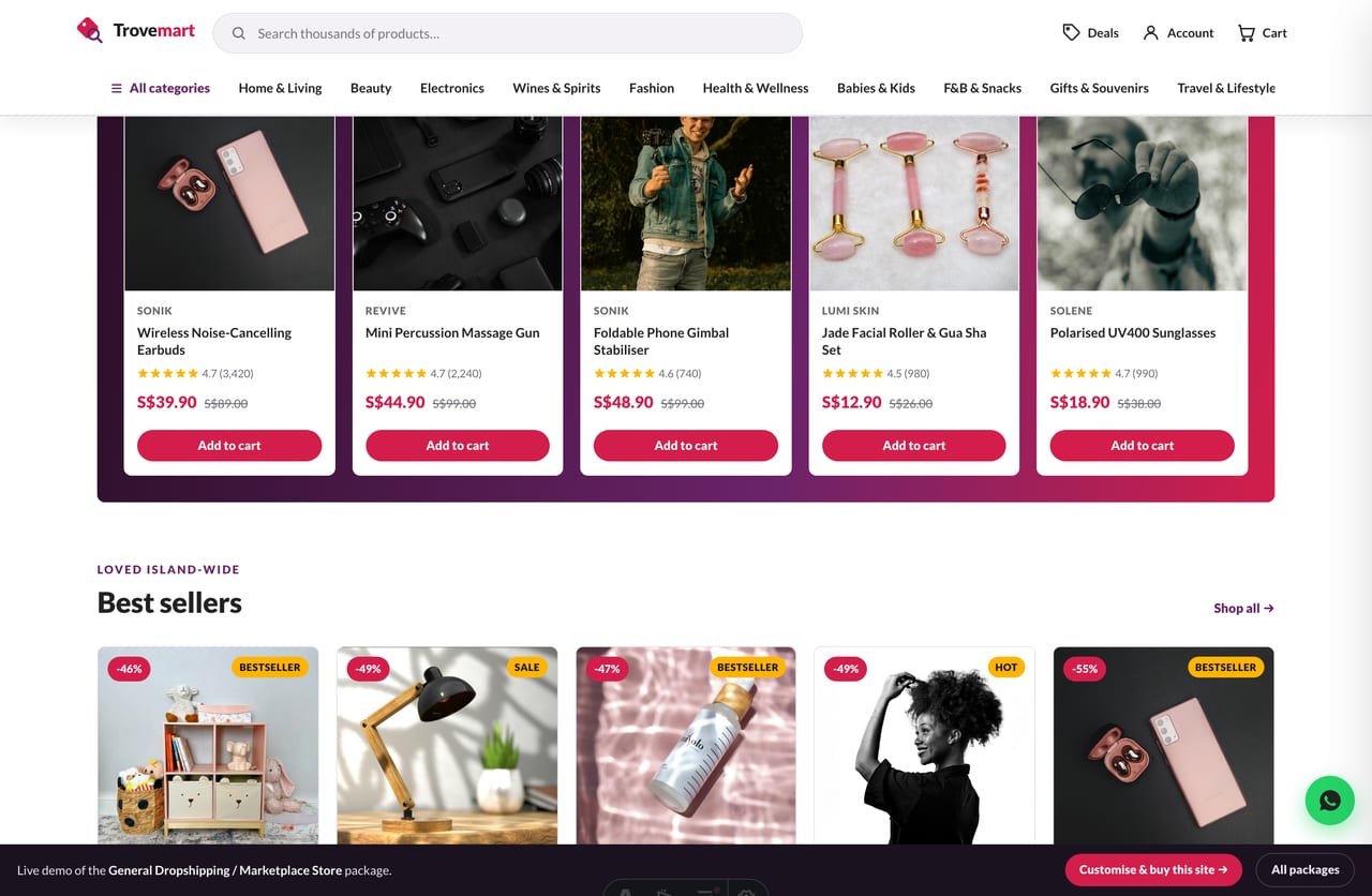 Flash-deals band with countdown timer and % off badges on a Singapore marketplace
