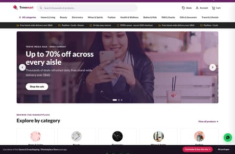 Trovemart marketplace homepage demo — promo banner carousel, mega category nav and deal rails (Singapore)