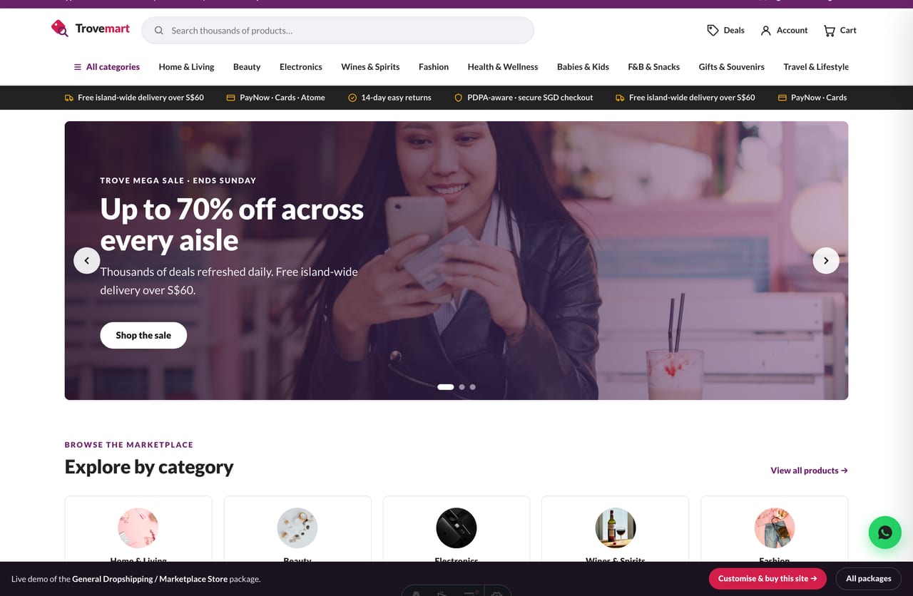 Trovemart marketplace homepage demo — promo banner carousel, mega category nav and deal rails (Singapore)