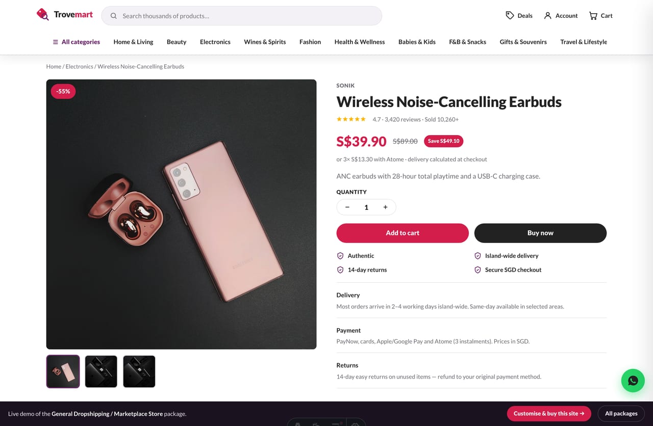 Product detail page with gallery, Atome instalments, delivery info and add-to-cart