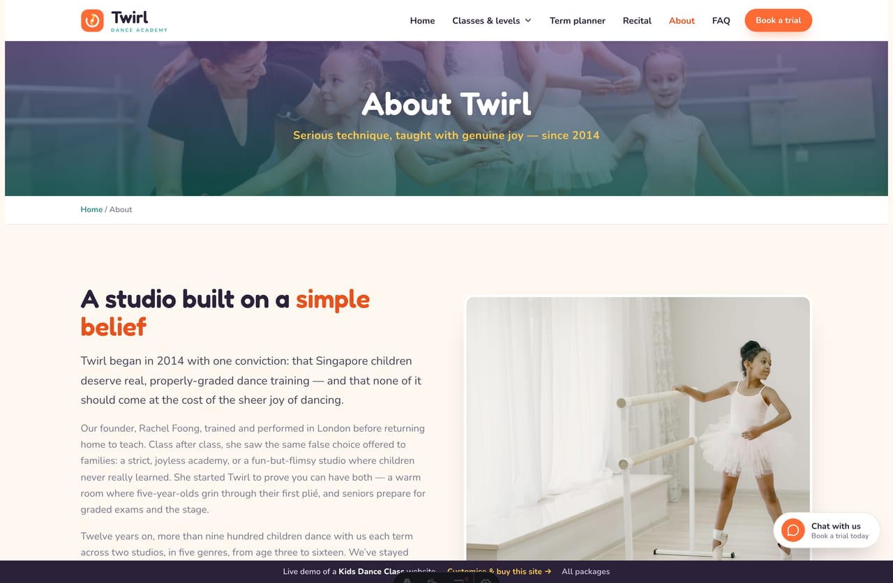 The About page for a Singapore kids dance school — founder story, stats band, teachers and two studios