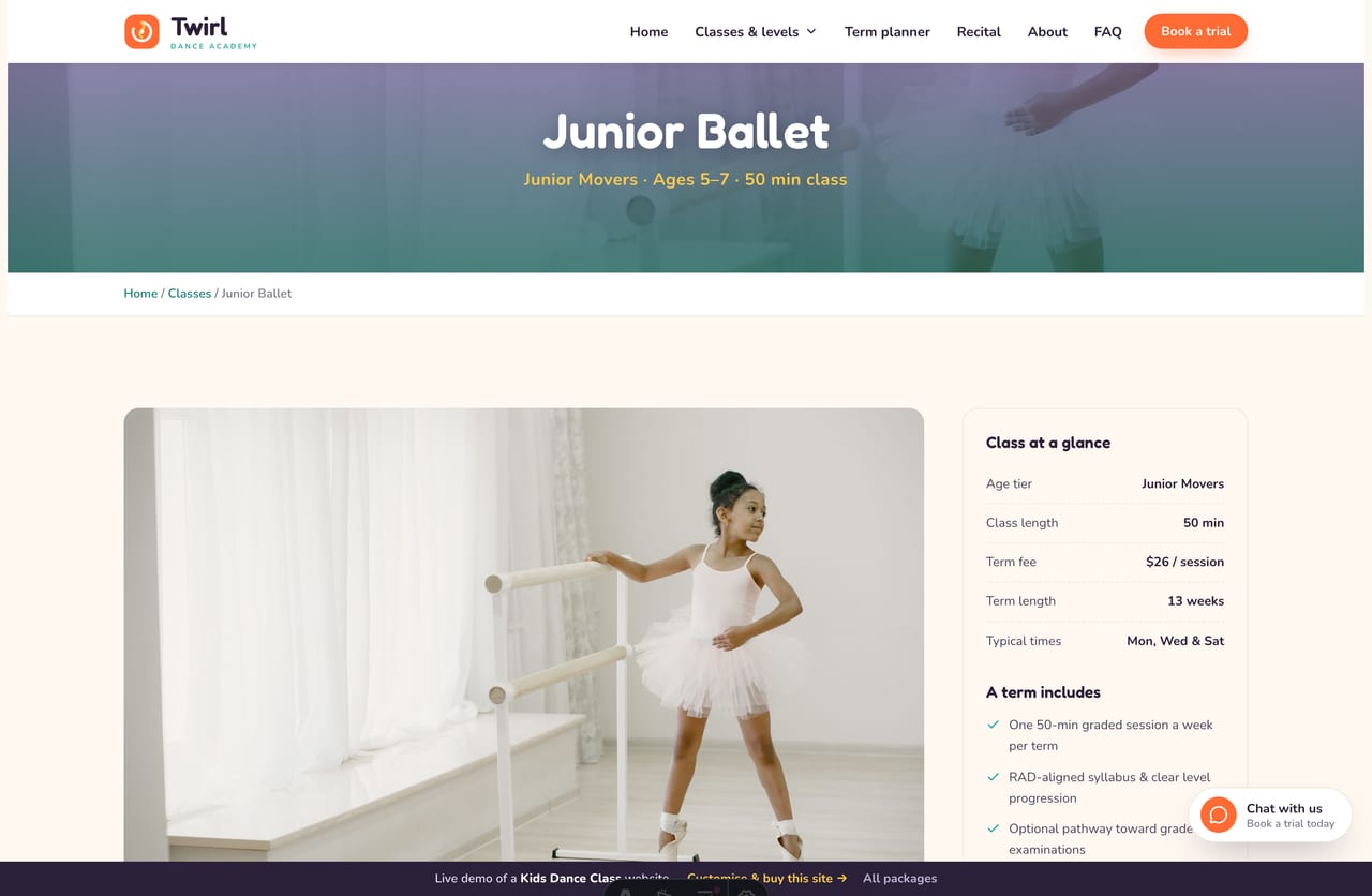 A class detail page on the Twirl demo — a colour-photo banner and a what-they-learn article with a class-at-a-glance sidebar