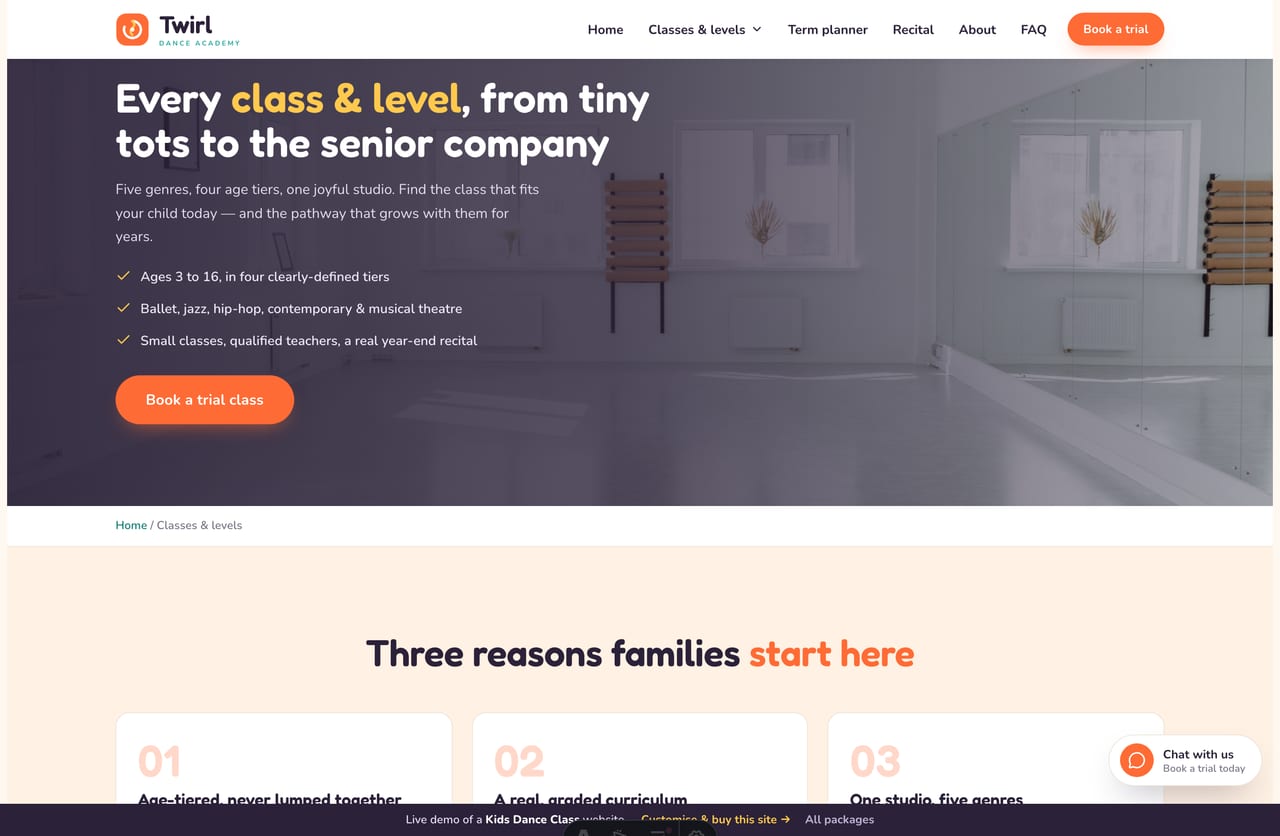 Classes page on the Twirl demo — ballet, jazz, hip-hop, contemporary and musical theatre grouped by age tier as photo cards