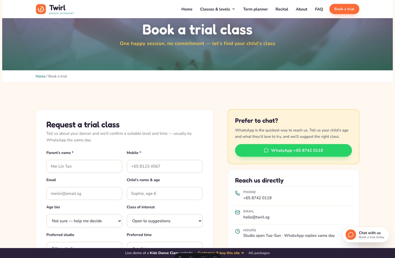 Book-a-trial page on the Twirl demo — a PDPA-aware trial-booking form with age tier, class and time