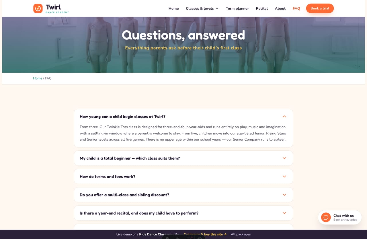 FAQ page on the Twirl demo — a rounded question-pill accordion for parents