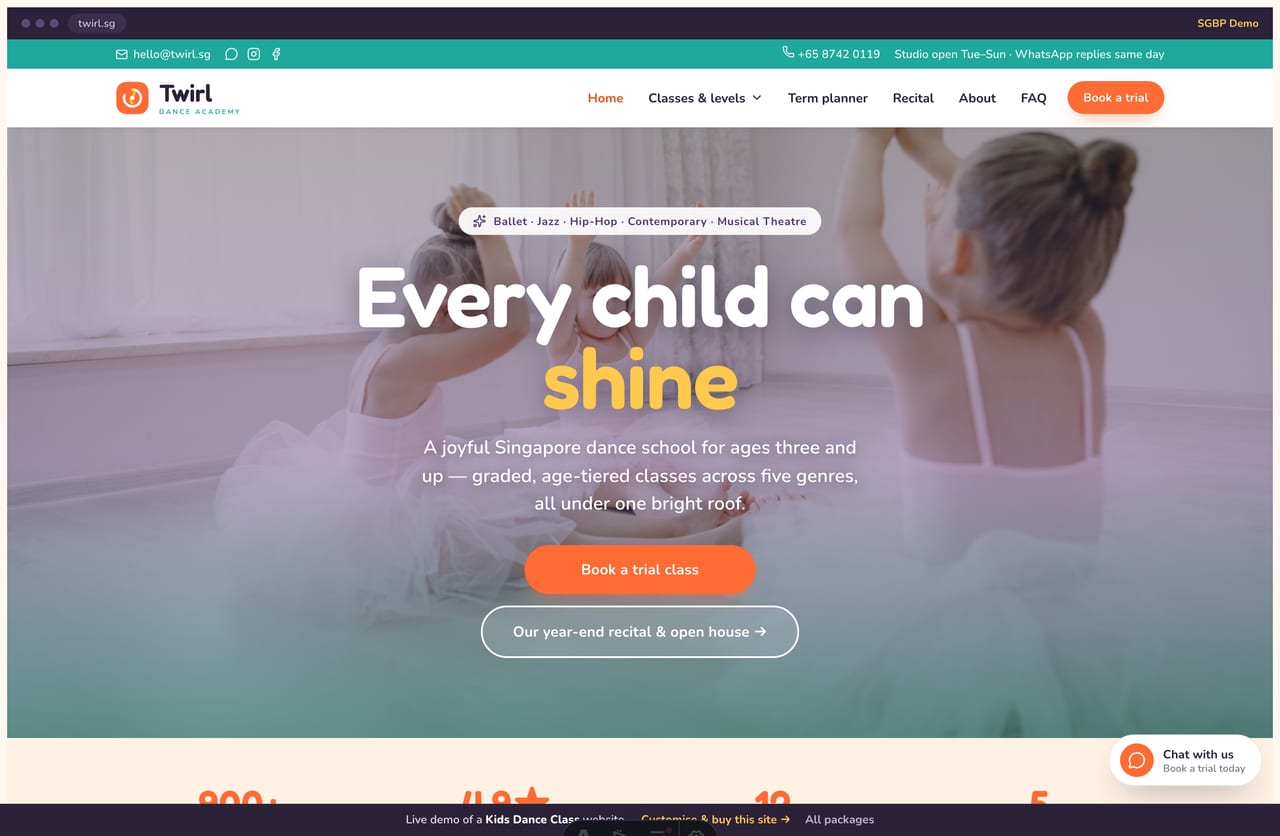 Twirl kids dance class website Singapore homepage demo — a bright tangerine and teal site with a full-bleed photo hero, class-card grid and a term planner