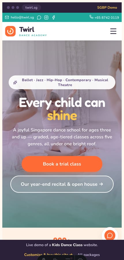 The Twirl kids dance website on mobile — the full-bleed hero and book-a-trial CTA at 430px