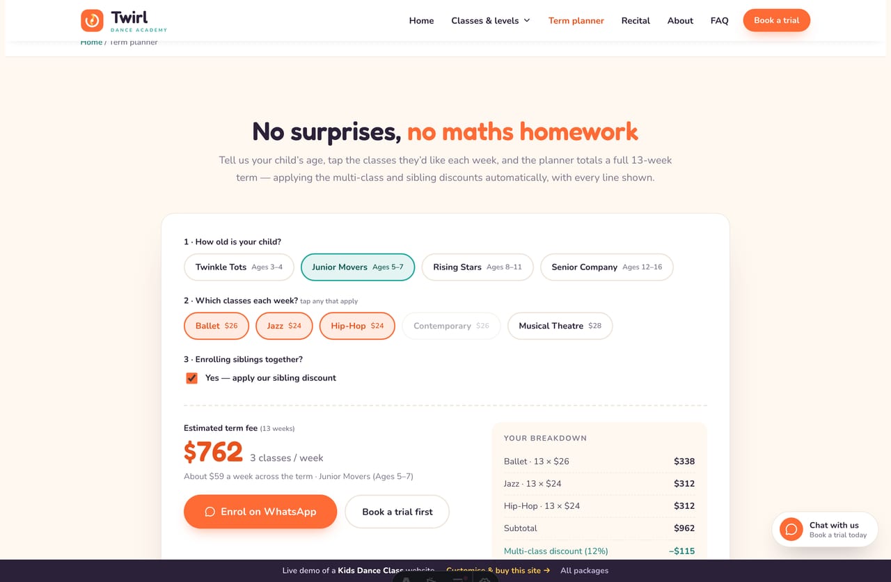 Class & Term Planner result on a Singapore kids dance site — a termly fee with a multi-class and sibling discount breakdown and an enrol CTA