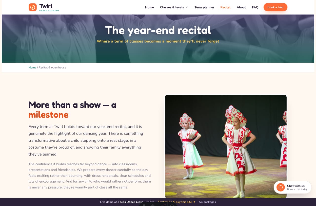The recital page on the Twirl demo — the year-end show, holiday camps and open house