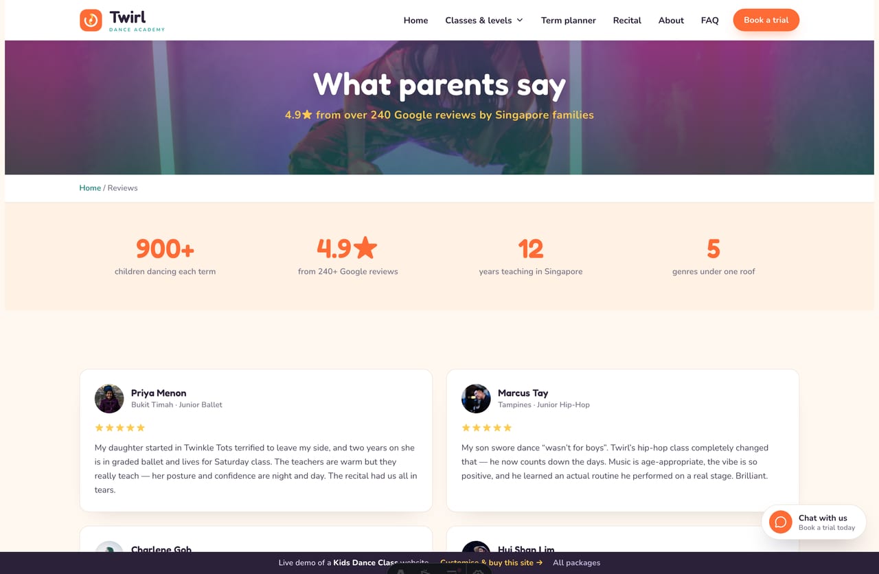 Reviews page on the Twirl demo — Google-style parent review cards with star ratings