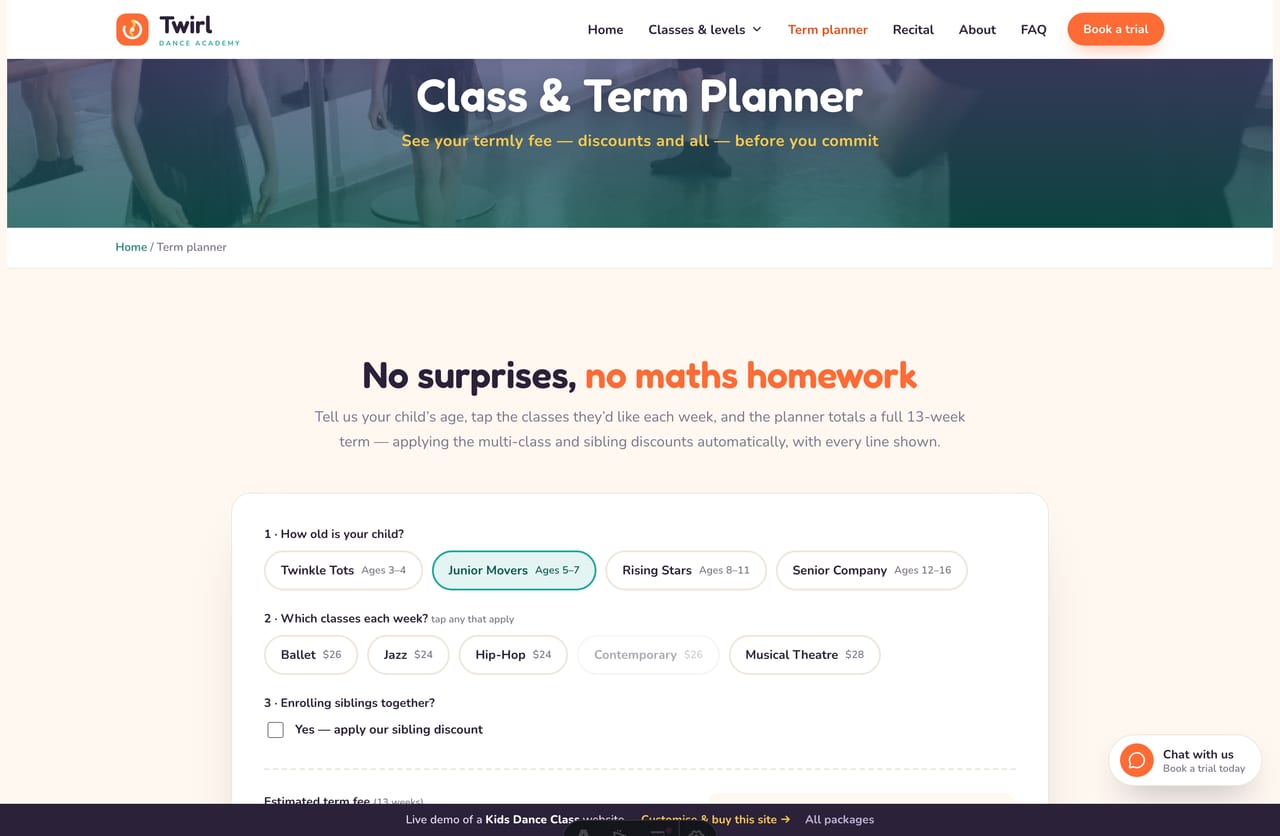 The interactive Class & Term Planner on the Twirl demo — pick an age band and genres to compute a termly fee with stacked discounts