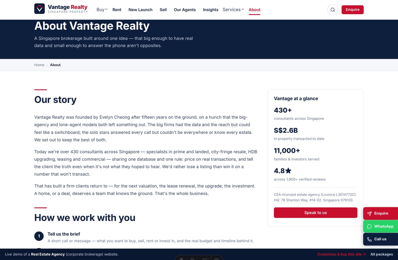 About the firm page on the Vantage Realty real estate agency website demo