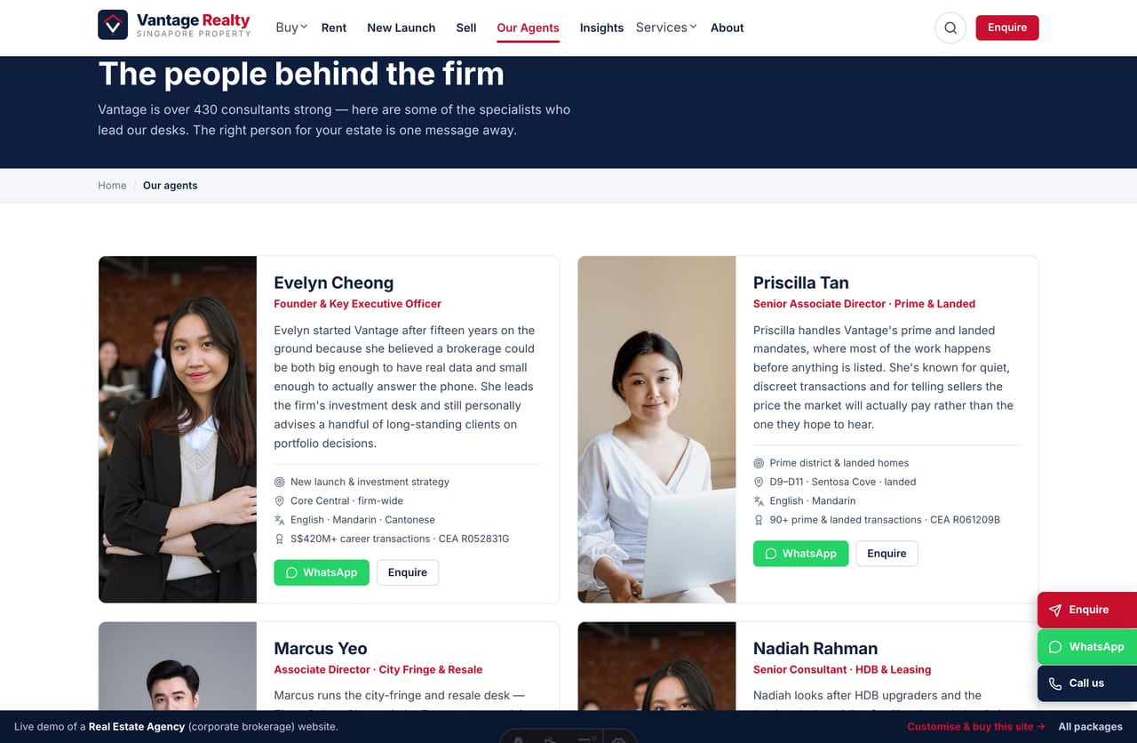 Our agents directory page on a Singapore real estate agency website
