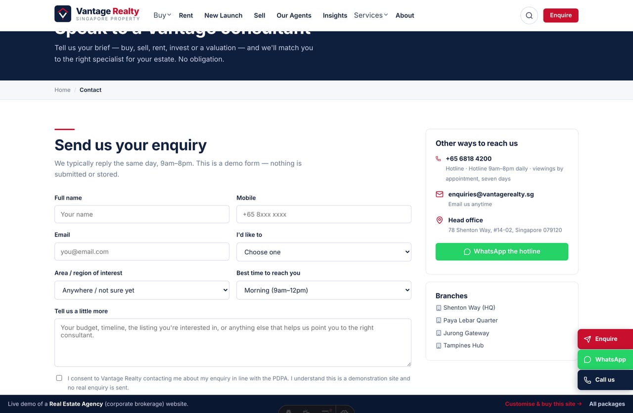 Contact and enquiry form page on a Singapore real estate agency website