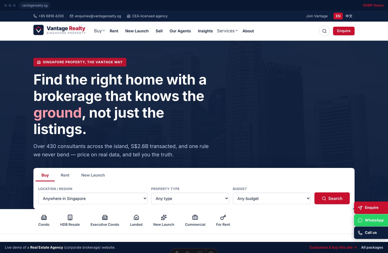 Vantage Realty real estate agency website homepage demo — corporate hero with a property search bar (Singapore)