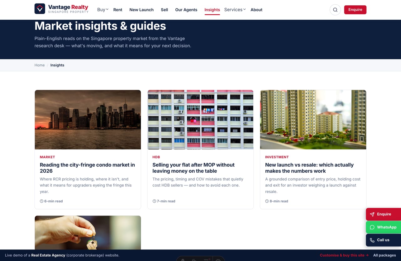 Market insights and property guides page on a Singapore real estate agency website