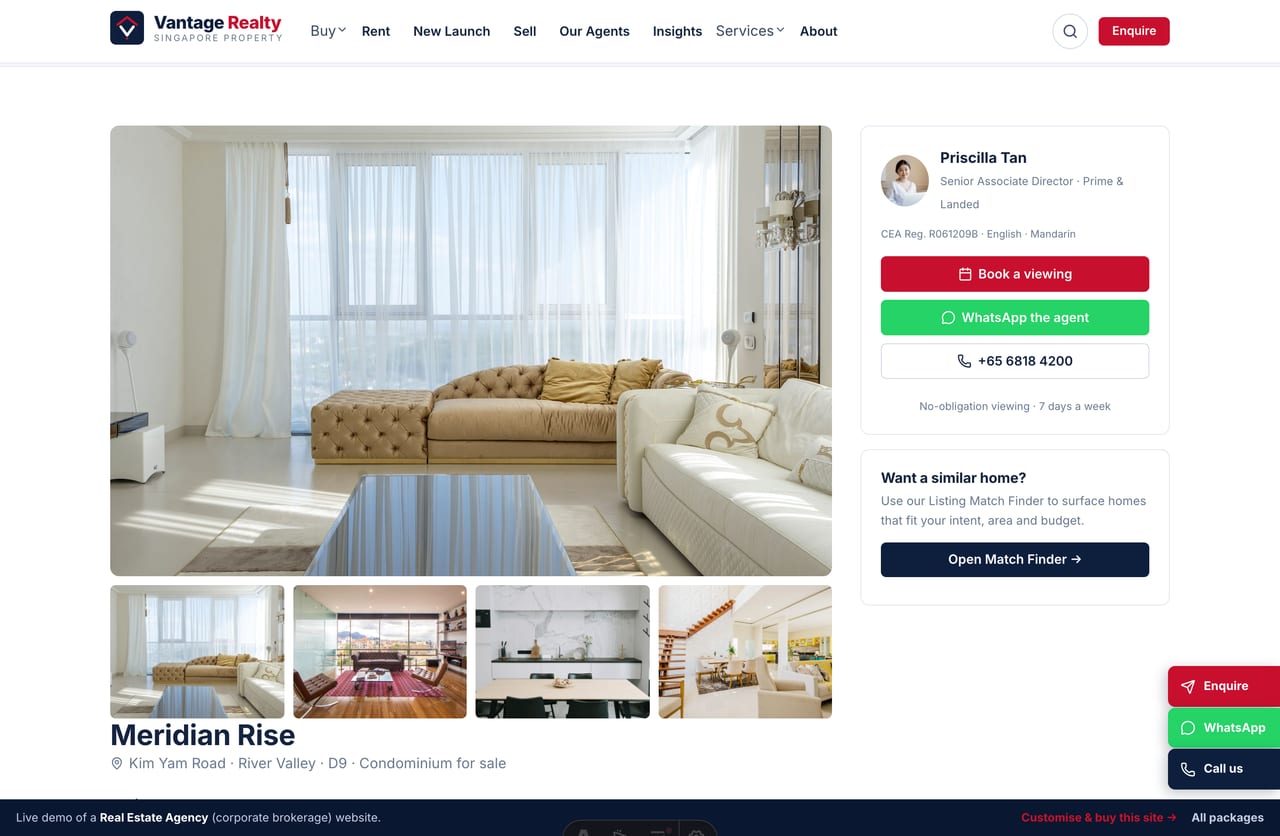 Property detail page with gallery, price, beds/baths/sqft and the listing agent on a real estate agency website