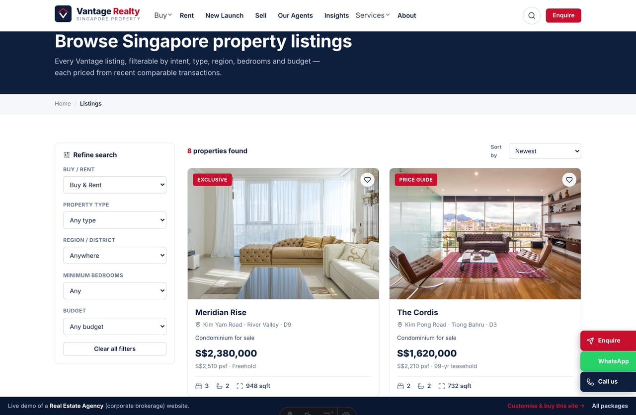 Property listings page with left filter sidebar and a card grid on a Singapore real estate agency website