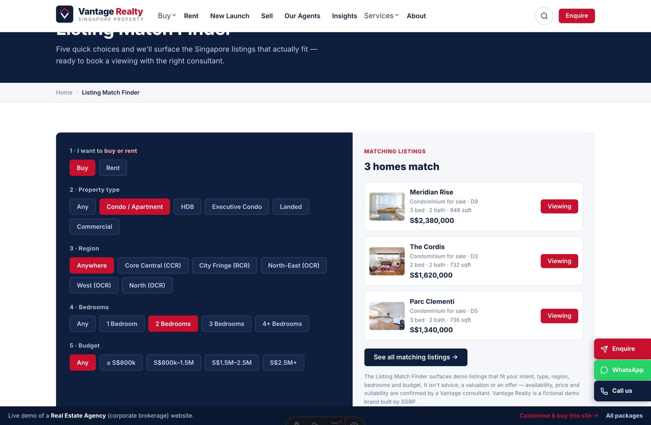Listing Match Finder interactive tool on a Singapore real estate agency website