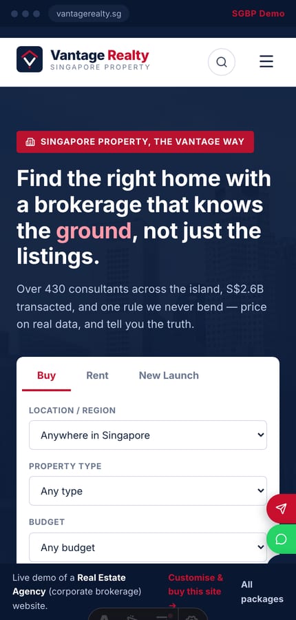 Mobile view of the Vantage Realty real estate agency website with the property search bar