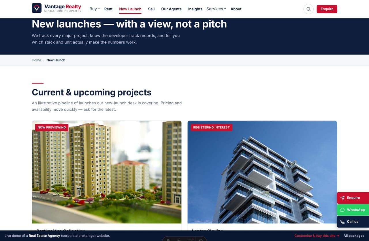 New launch projects page on a Singapore real estate agency website