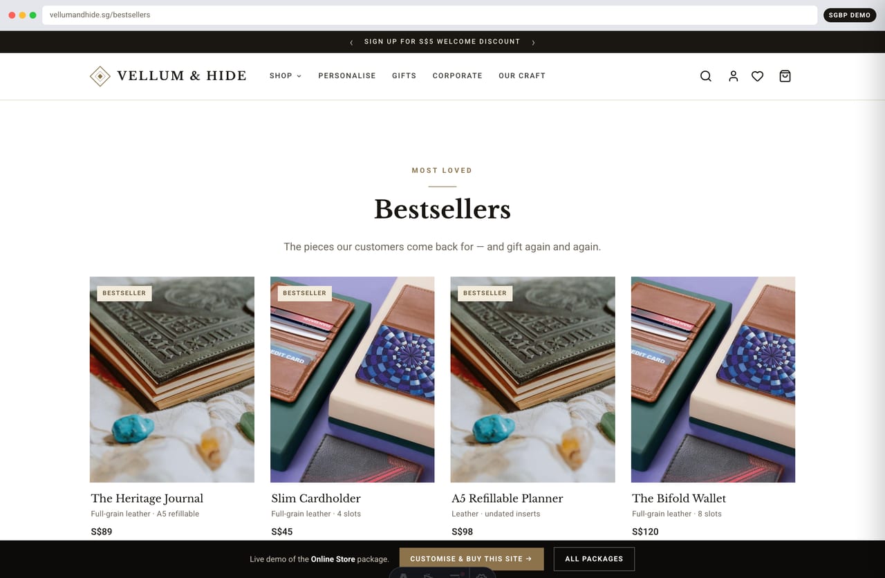 Bestsellers carousel on a Singapore craft and gifting e-commerce store