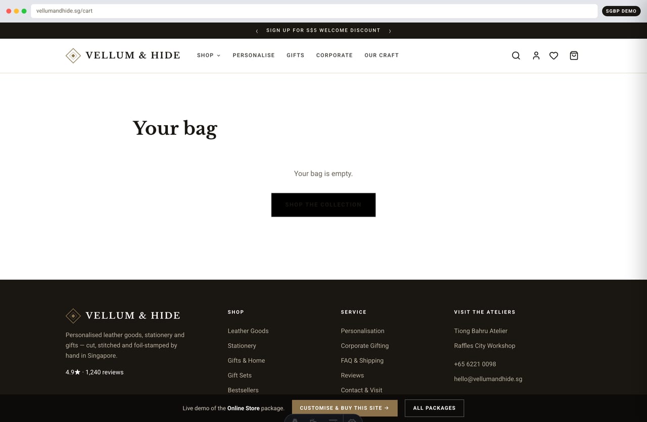 Slide-out cart with monogram line items and PayNow SGD checkout on the craft store demo