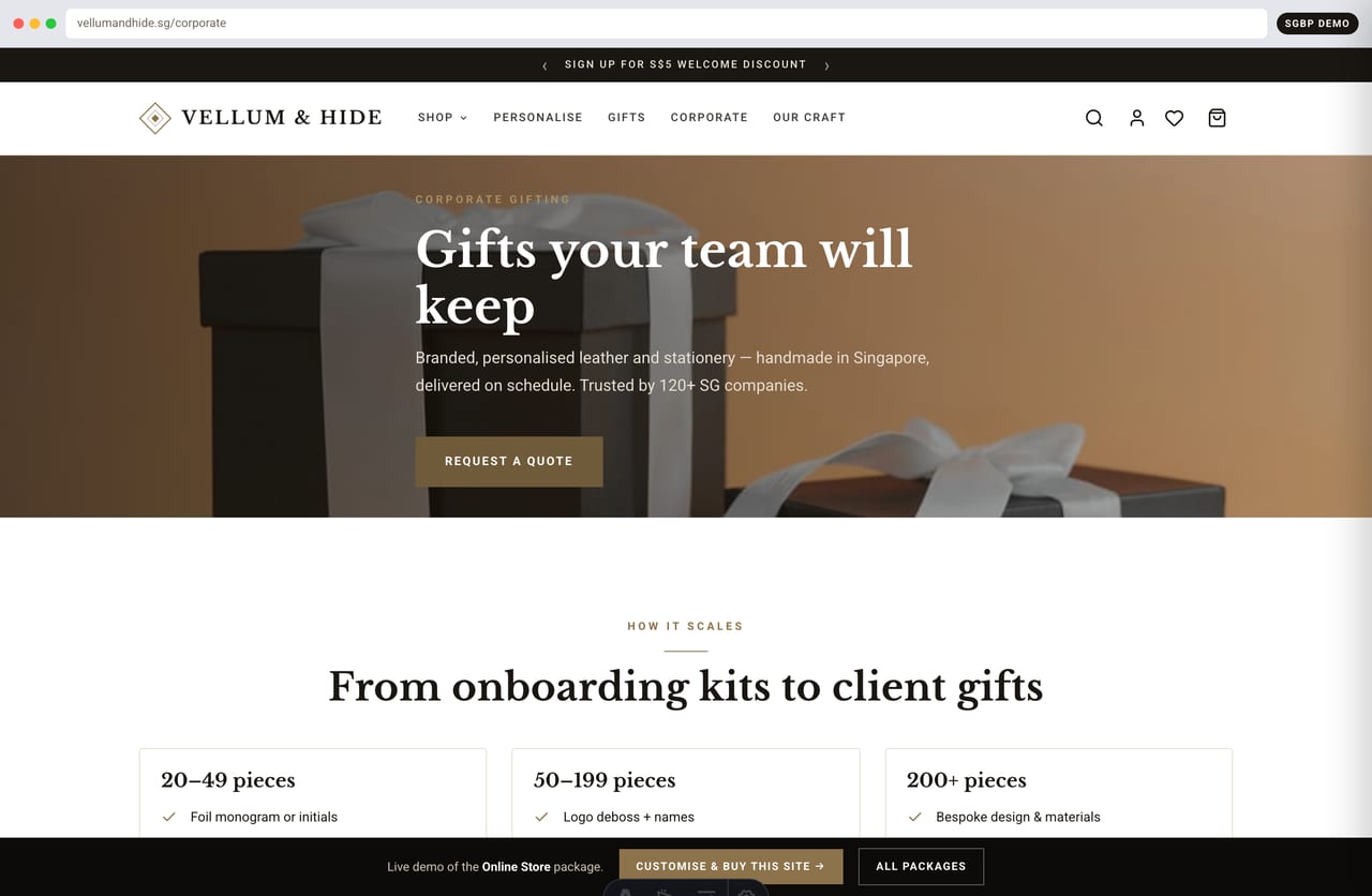 Corporate and bulk gifting enquiry page on a Singapore leather goods online store