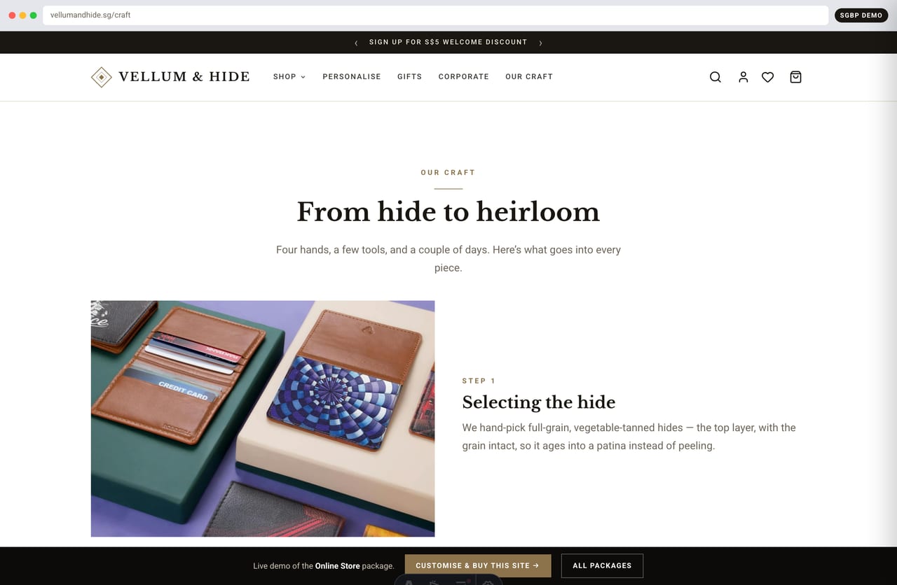 Our Craft page showing the Tiong Bahru atelier and full-grain leather process on the craft store demo