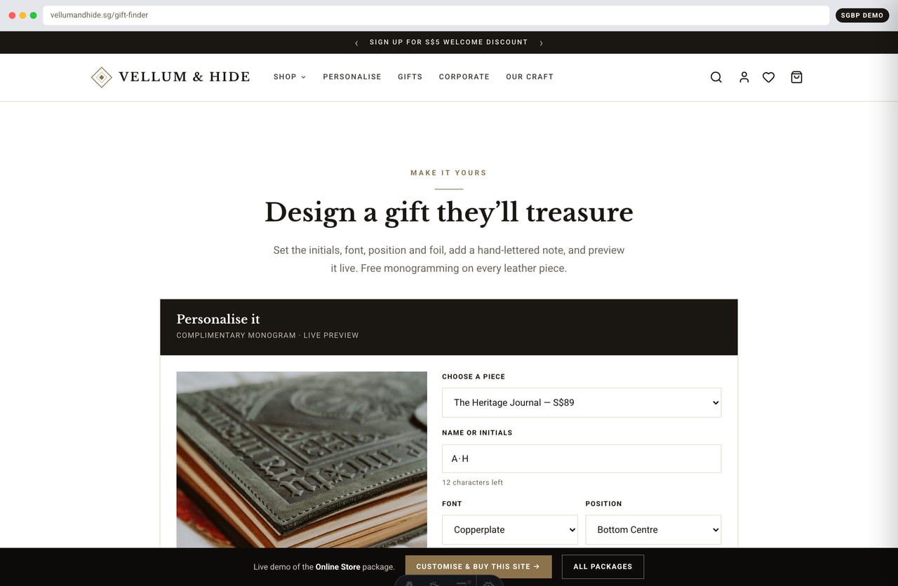 Interactive gift-finder quiz by recipient, occasion and budget on the Vellum & Hide store demo