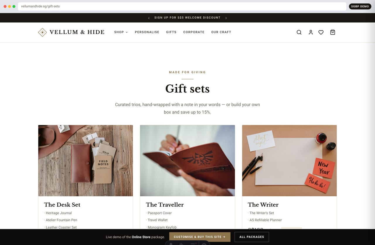 Curated gift sets with bundle savings on a Singapore leather goods online store