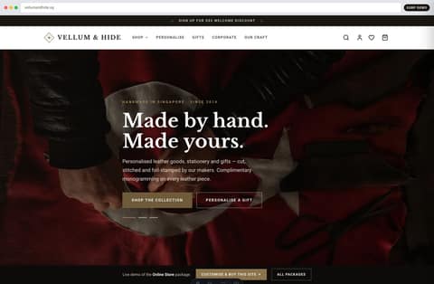 Vellum & Hide craft-luxury online store homepage demo — full-bleed hero, rotating announcement bar and Singapore trust strip