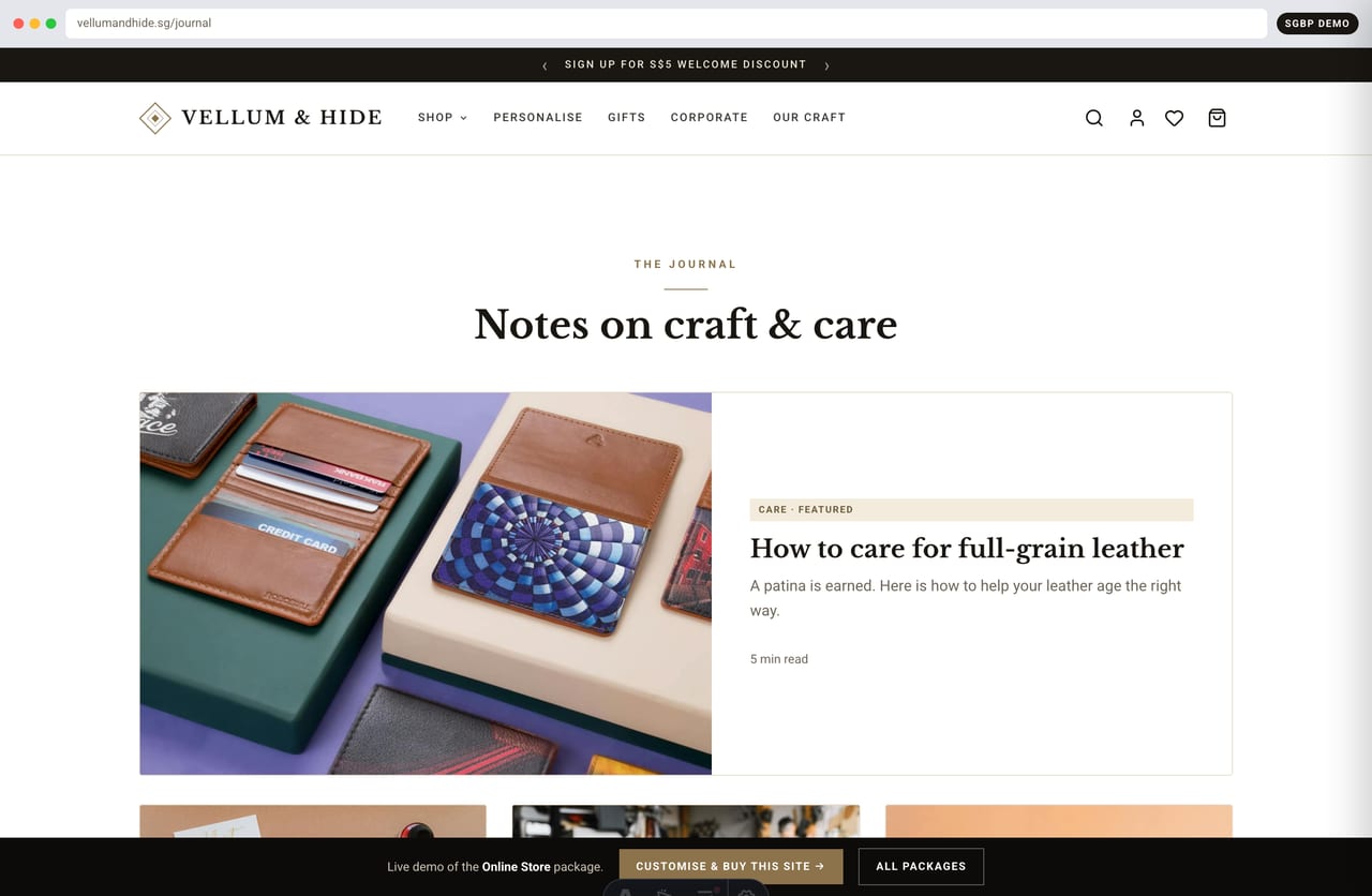 Journal / blog landing with care guides and gifting articles on a Singapore craft e-commerce store