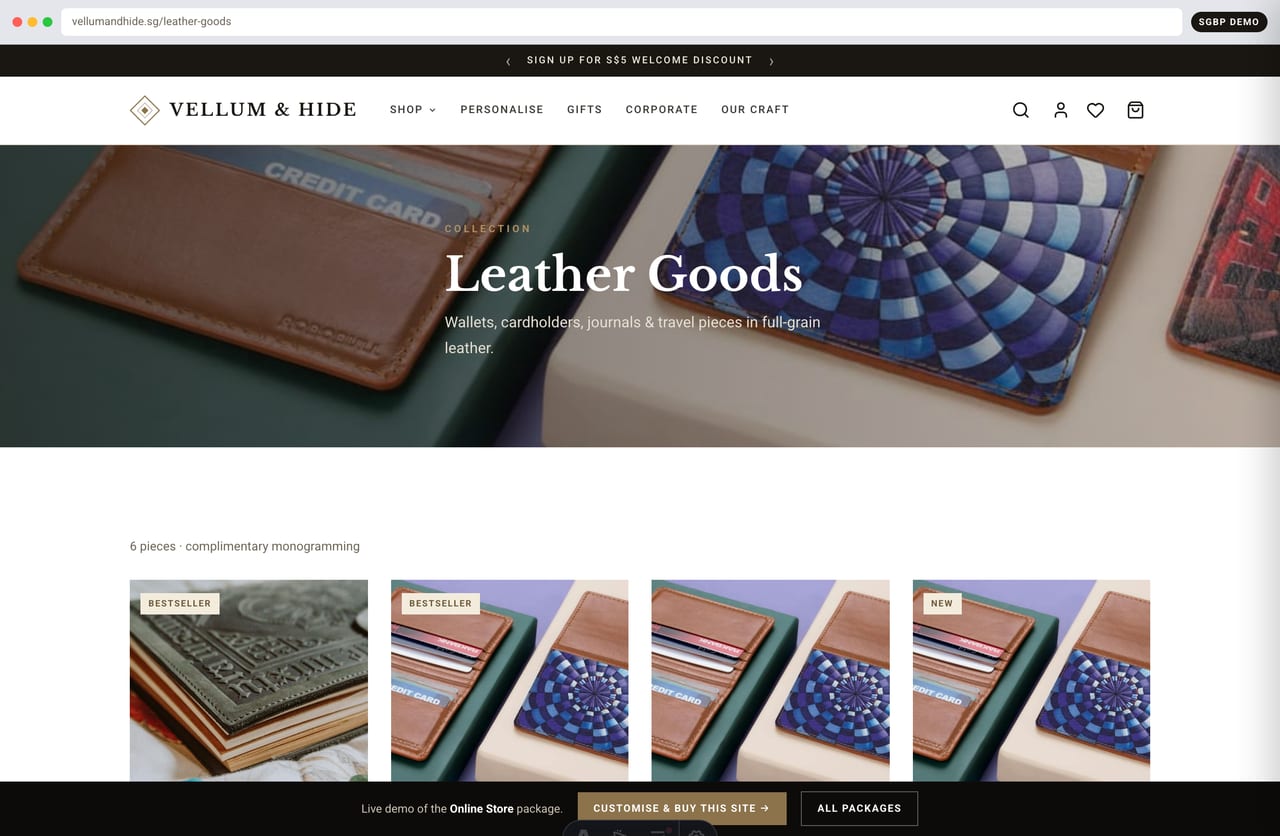 Leather Goods collection page on a Singapore handcrafted leather online store — wallets, journals and cardholders