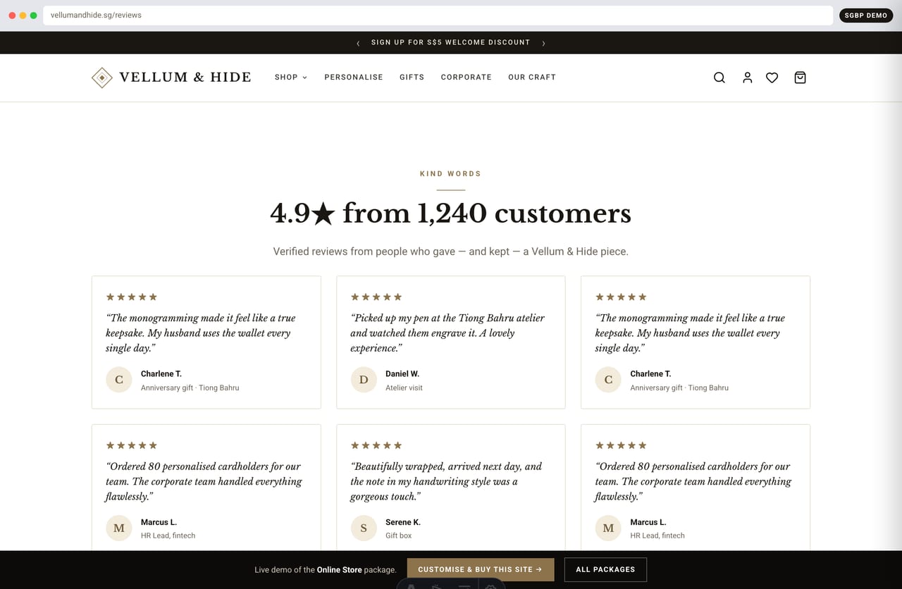 Customer reviews and star ratings on the Vellum & Hide handcrafted leather store