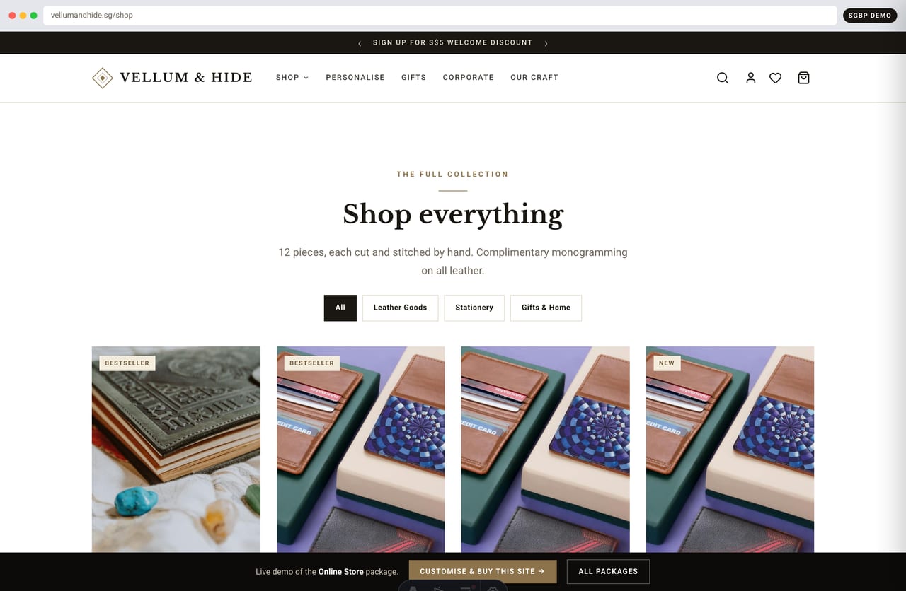 Shop-all product grid with category filters and SGD pricing on the Vellum & Hide craft store