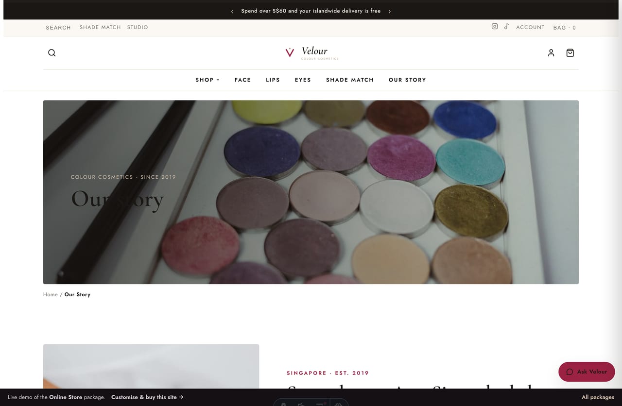 About and brand-story page for a Singapore colour-cosmetics brand from an Ann Siang shade bar