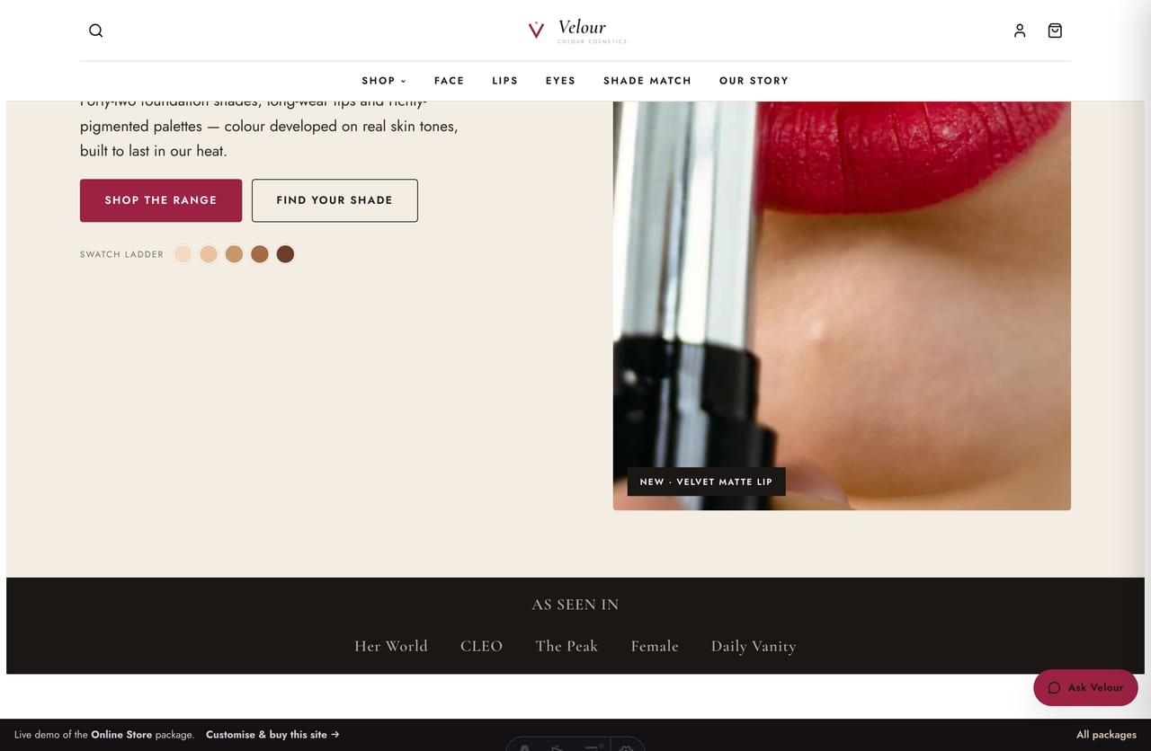 Bestseller makeup products grid on the Velour colour-cosmetics store