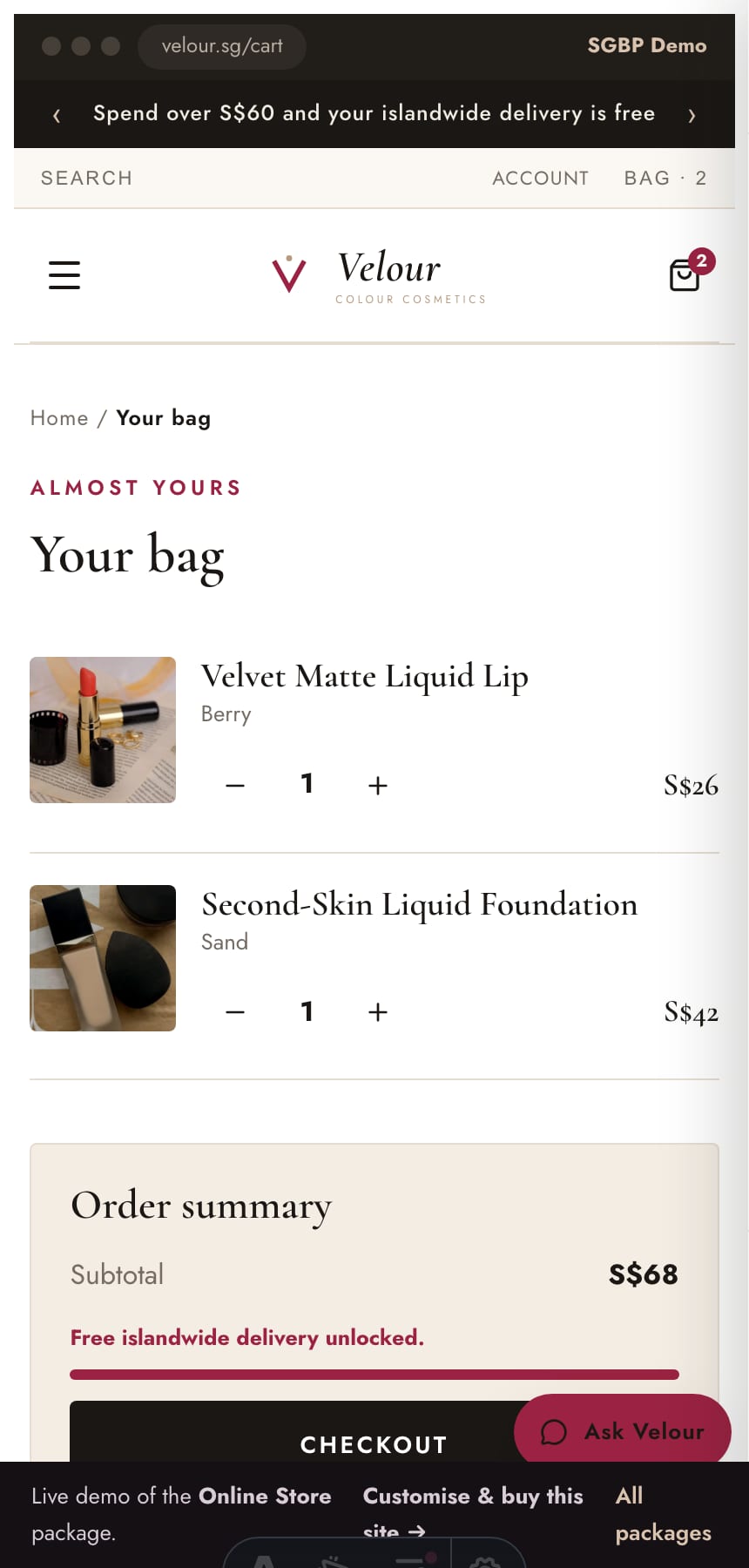 Slide-out cart drawer with a free-islandwide-delivery progress bar on the Singapore makeup store