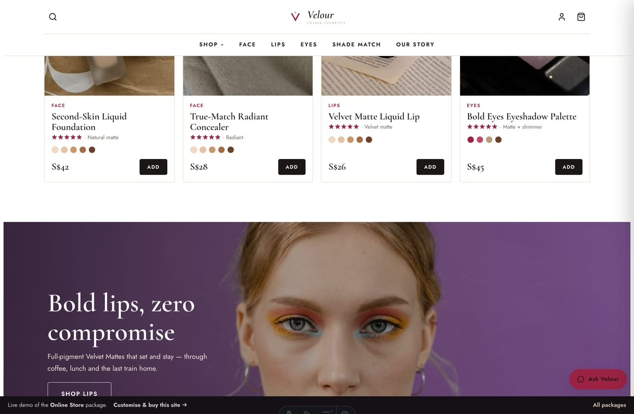 Shop-by-category tiles for a Singapore makeup store — face, lips, eyes, cheeks and sets