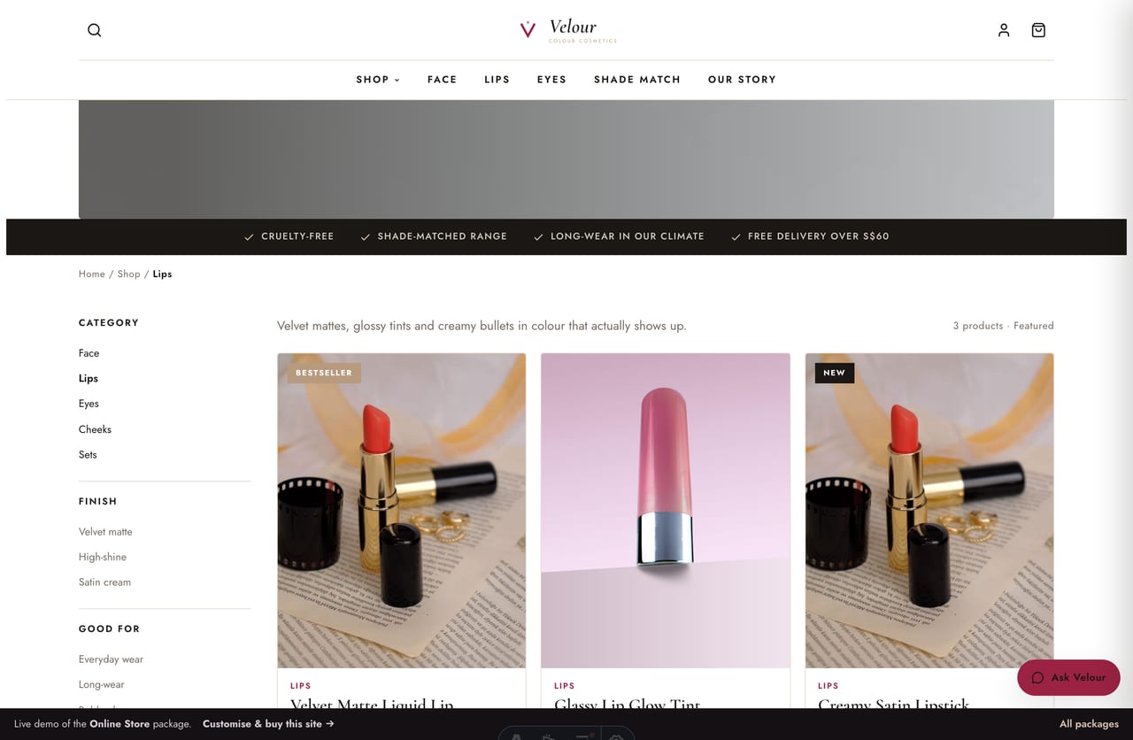 Face collection page with dark photo banner and filter sidebar on the Velour makeup store demo