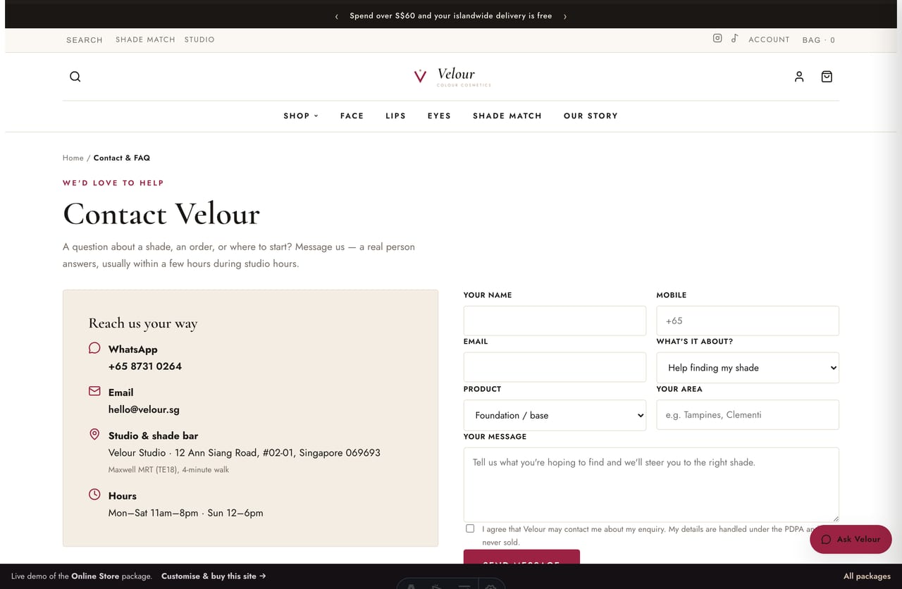 Contact, shade-bar location and WhatsApp page on the Velour makeup store demo