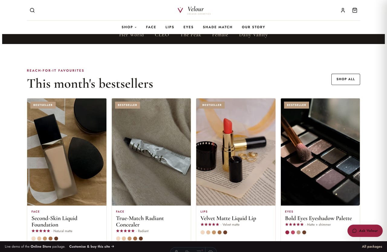 Bold-lips editorial colour band on a Singapore makeup brand homepage
