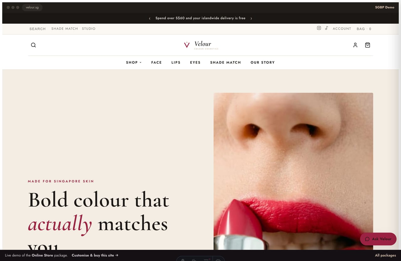 Velour makeup & cosmetics online store homepage demo — editorial hero, shade swatches and islandwide-delivery promise (Singapore)