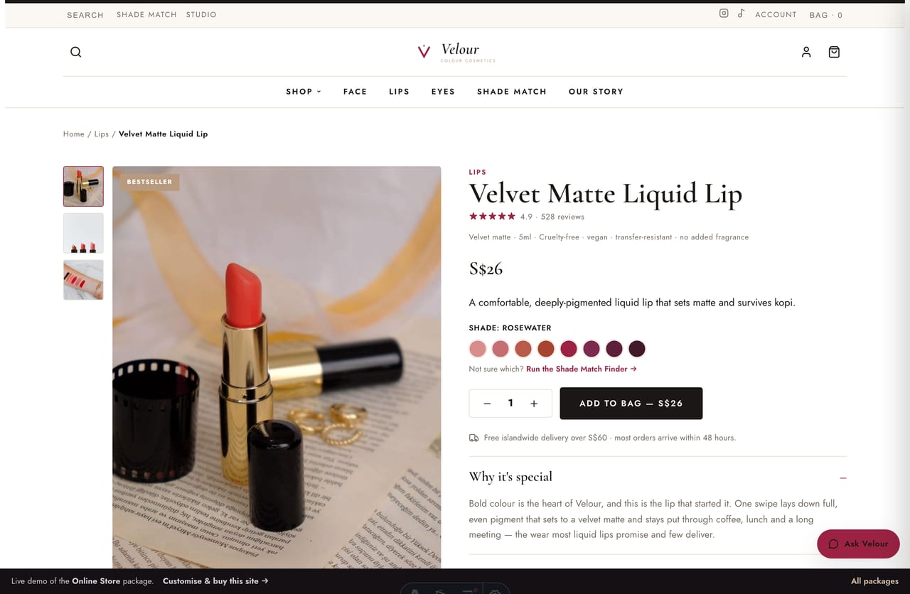 Makeup product detail page with shade swatches, claims and add-to-cart