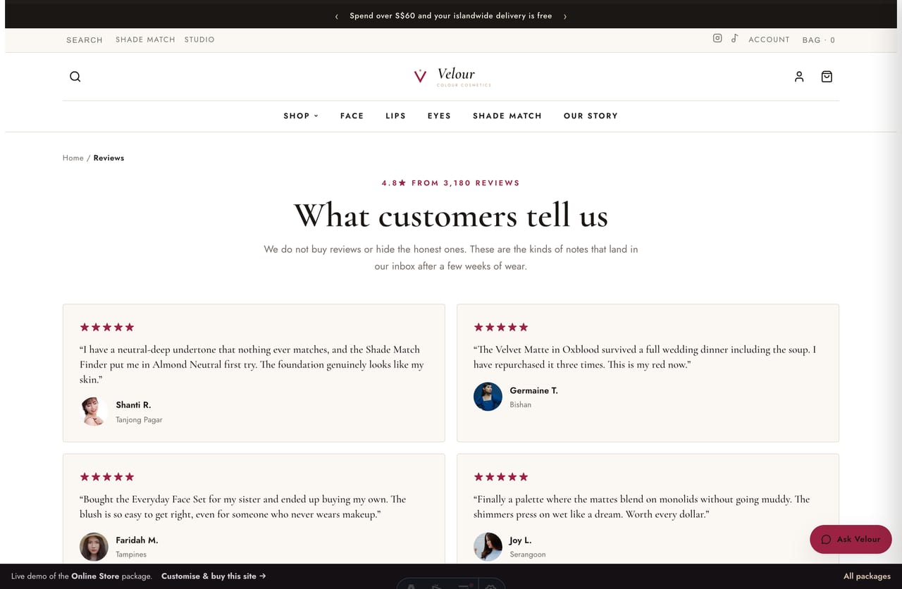 Singapore customer reviews and star ratings on the Velour makeup brand website