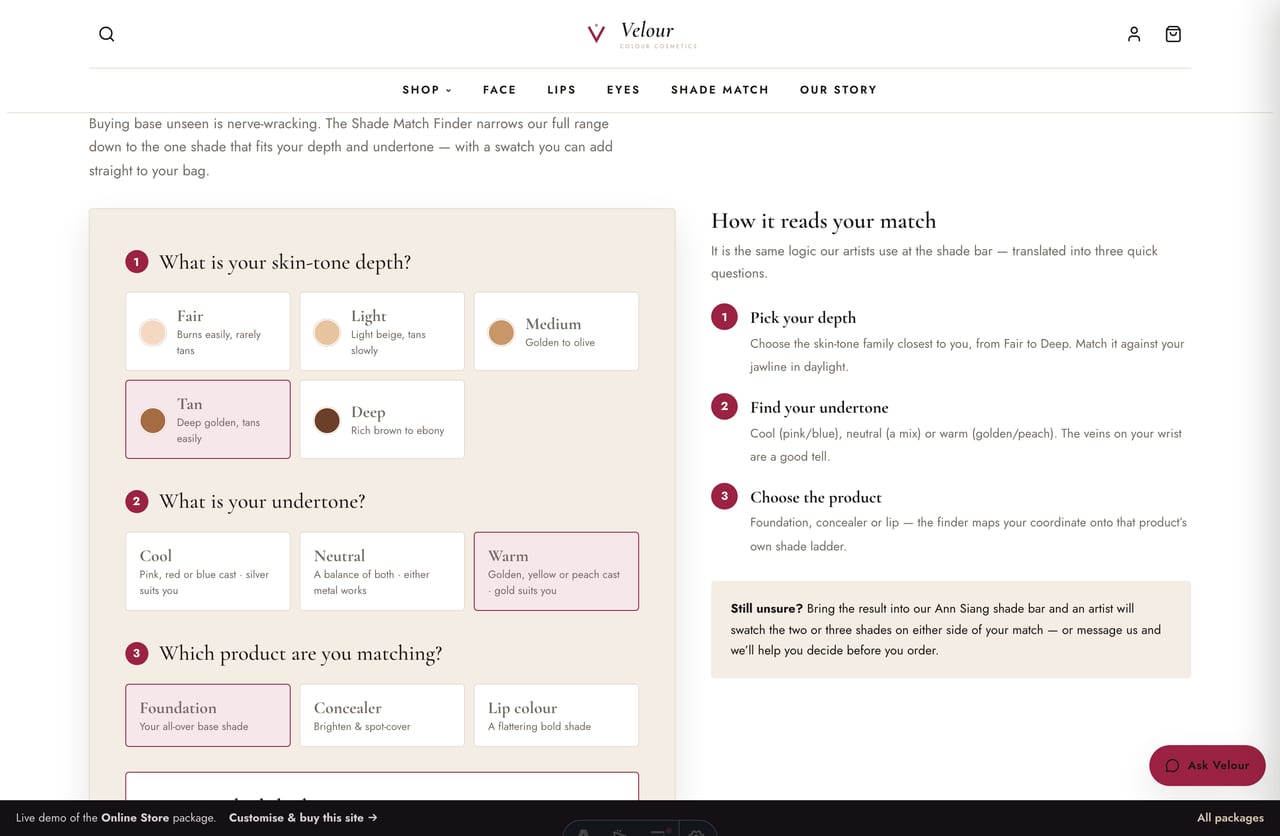 Interactive Shade Match Finder on the Velour Singapore makeup store